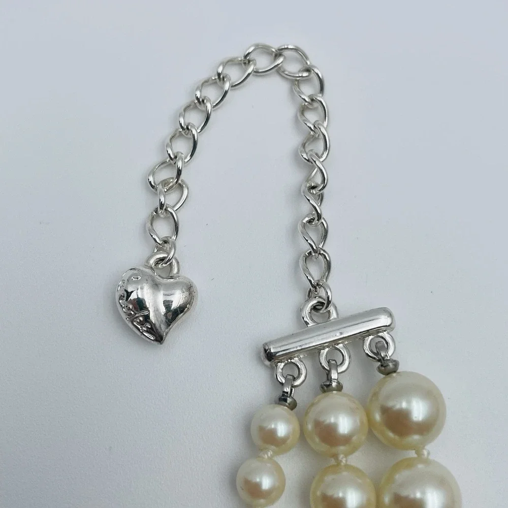 Carol Lee Triple Strand Faux Pearl Necklace‎ Ivory Silver Tone Heart Charm 16in